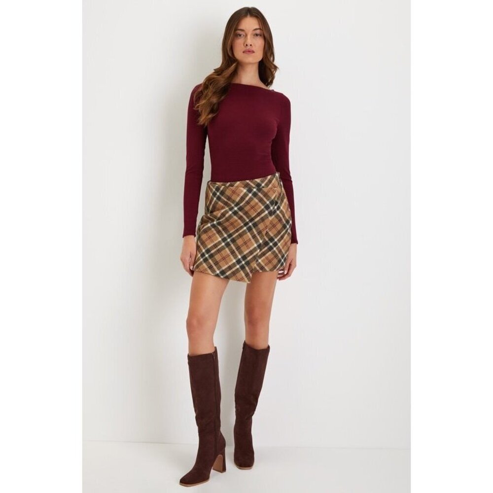Lulus Academic Aspirations Tan Plaid Faux Wrap Mini Skirt Brown - Size S